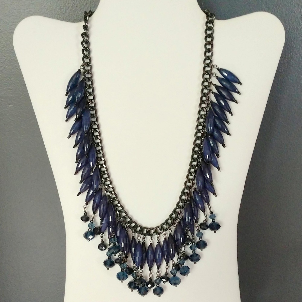 Dark blue beaded fringe tassel statement necklace